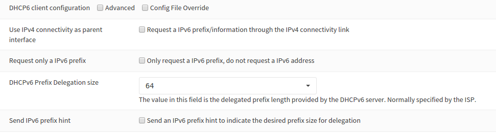 DHCP6 Client settings for the WAN interface