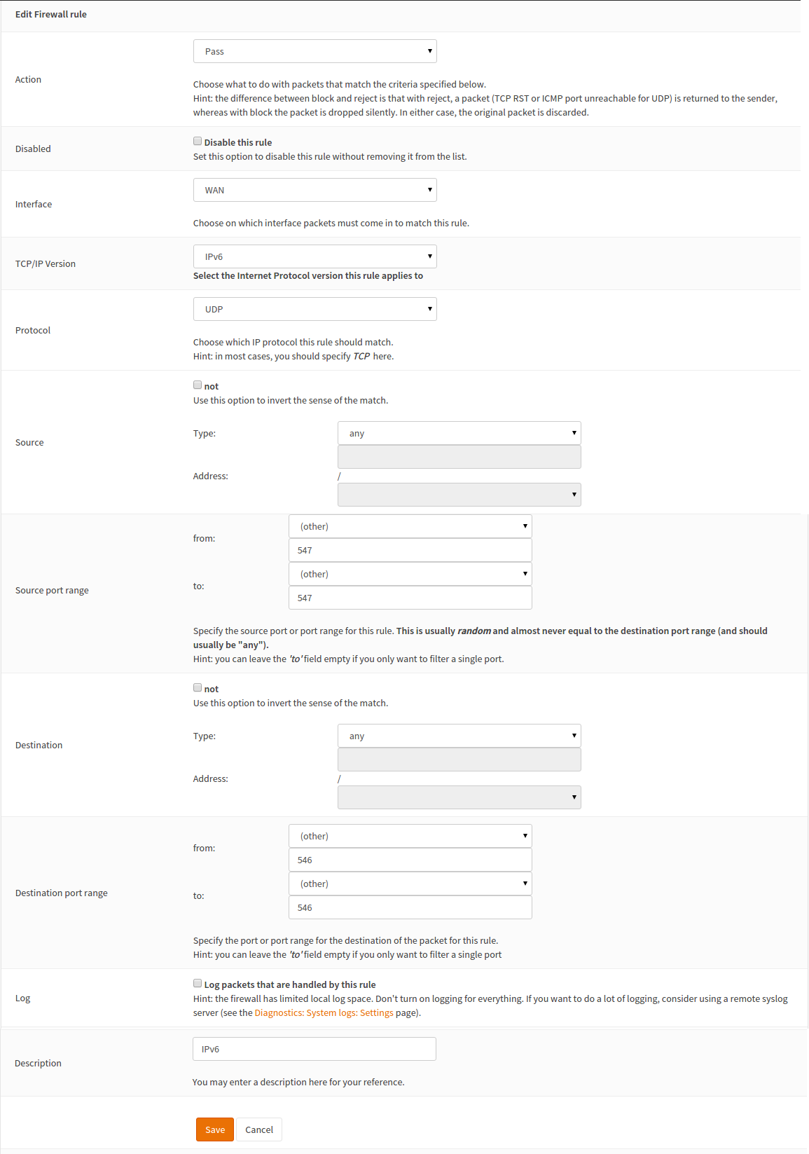Inbound DHCpv6 firewall rule